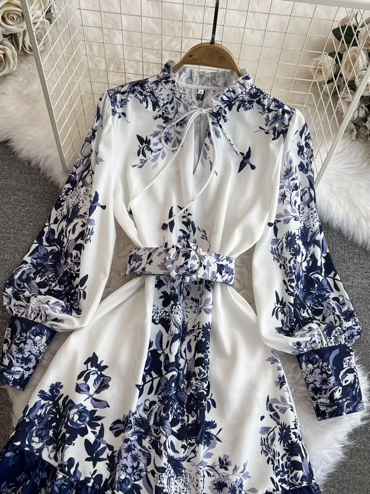 - Long sleeve stand collar a line printed dress GEU1013