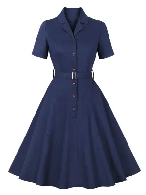 1950S Turndown Collar Solid Color Short Sleeve Vintage Dress