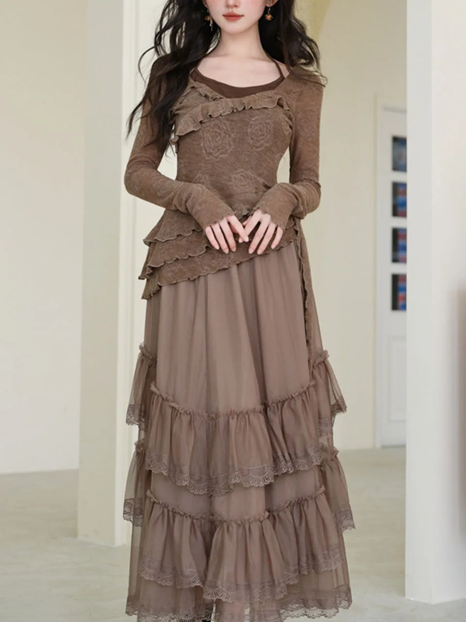1950S Vintage Brown Rose Top And Swing Skirt Set