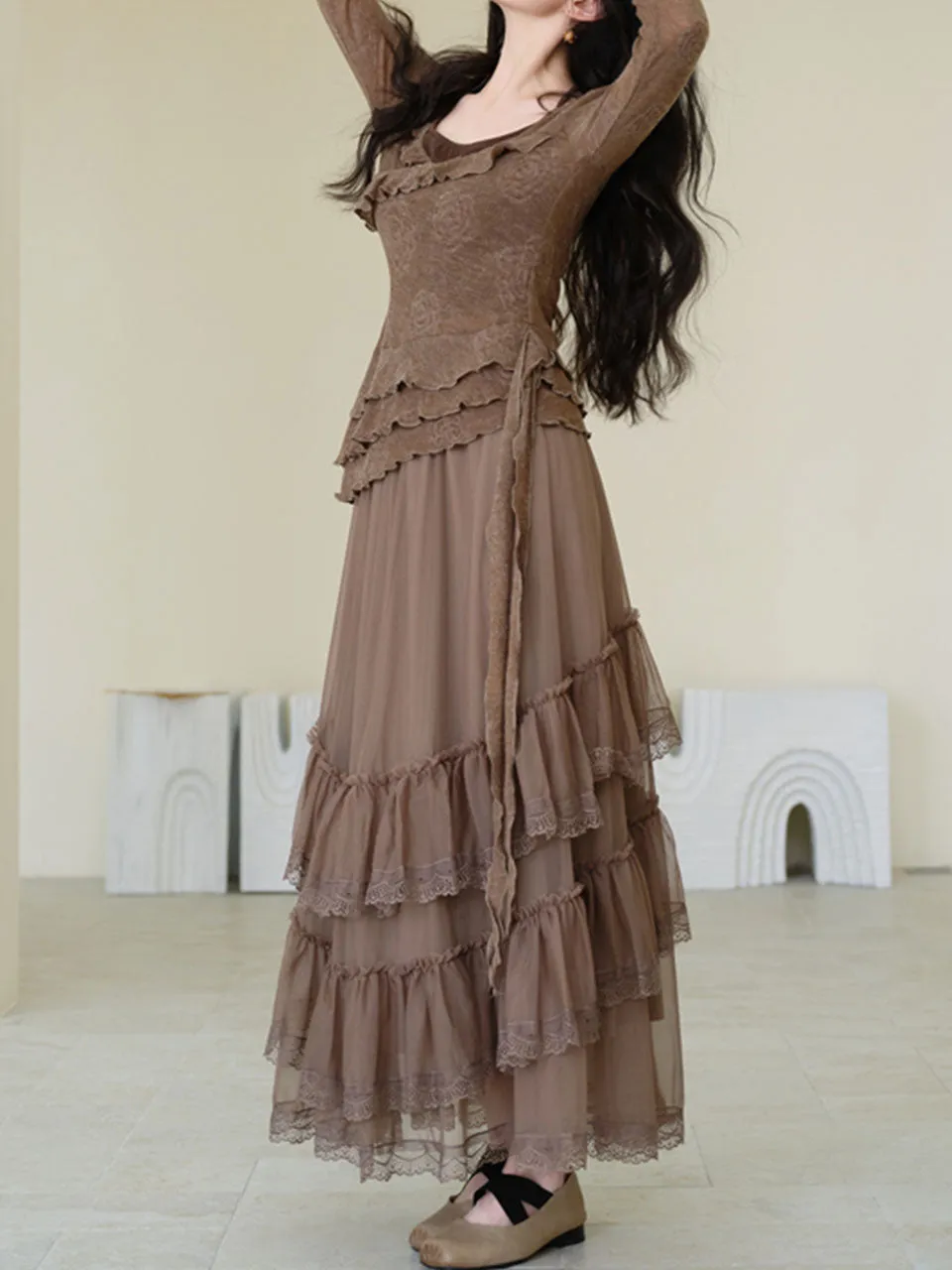 1950S Vintage Brown Rose Top And Swing Skirt Set