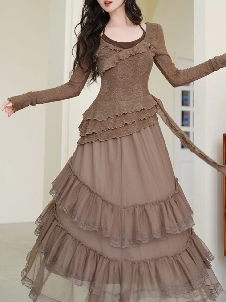 1950S Vintage Brown Rose Top And Swing Skirt Set