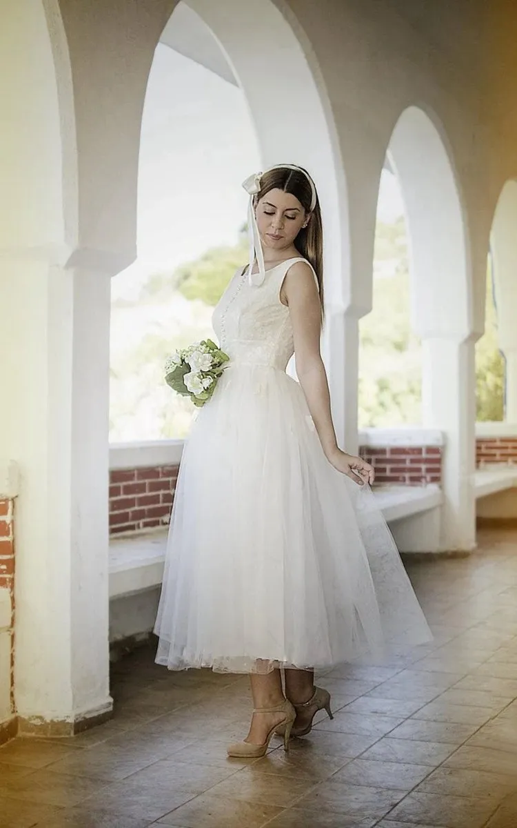 1950S Vintage Deep V Back Sleeveless Short Tulle Wedding Dresses
