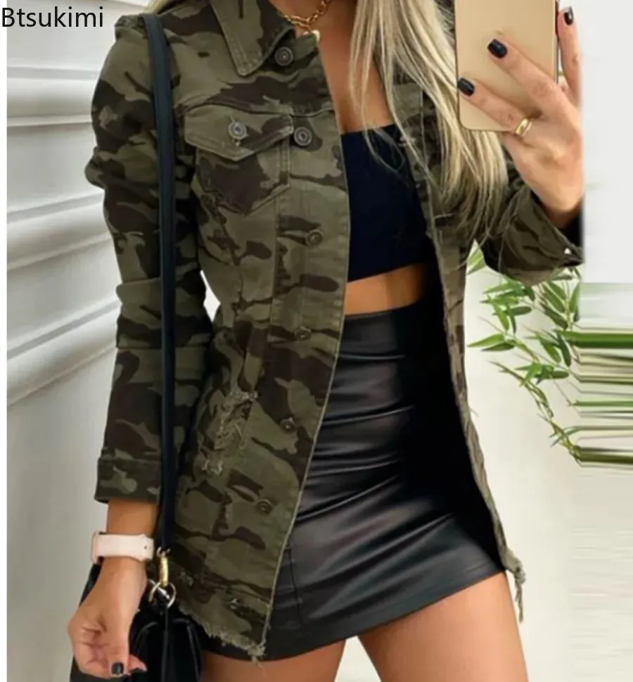 2024 Women's Buttoned Pocket Design Jacket Coat Fashion Slim Fit Long Sleeve Jackets Female Camouflage Jacket Cardigan Outwear
