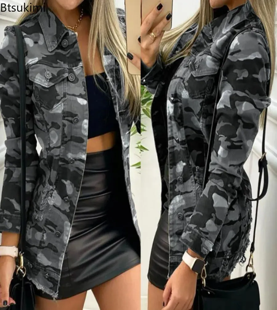 2024 Women's Buttoned Pocket Design Jacket Coat Fashion Slim Fit Long Sleeve Jackets Female Camouflage Jacket Cardigan Outwear