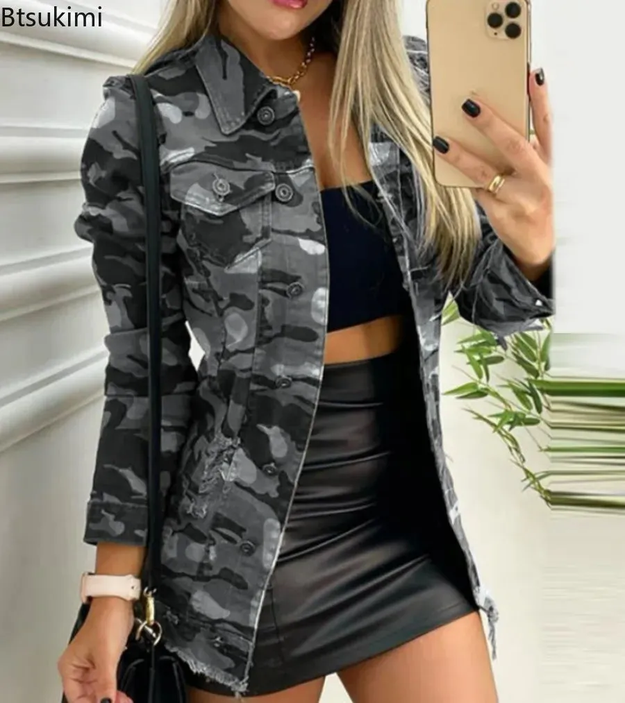 2024 Women's Buttoned Pocket Design Jacket Coat Fashion Slim Fit Long Sleeve Jackets Female Camouflage Jacket Cardigan Outwear
