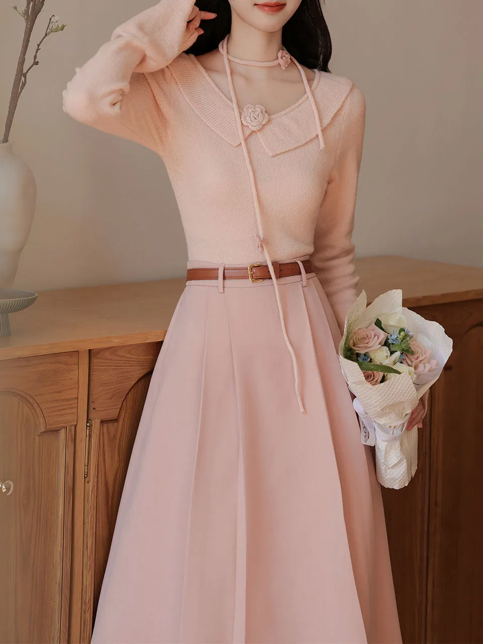 2PS Pink Rose V Neck Sweater And Swing Skirt Vintage outfit