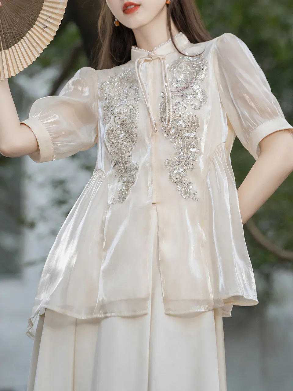2PS White Sequins Short Sleeve With White Skirt Vintage Dress Set