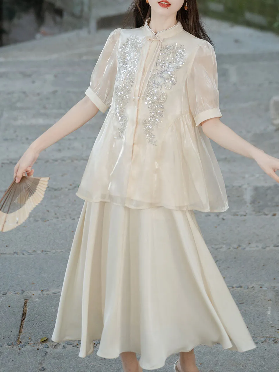 2PS White Sequins Short Sleeve With White Skirt Vintage Dress Set
