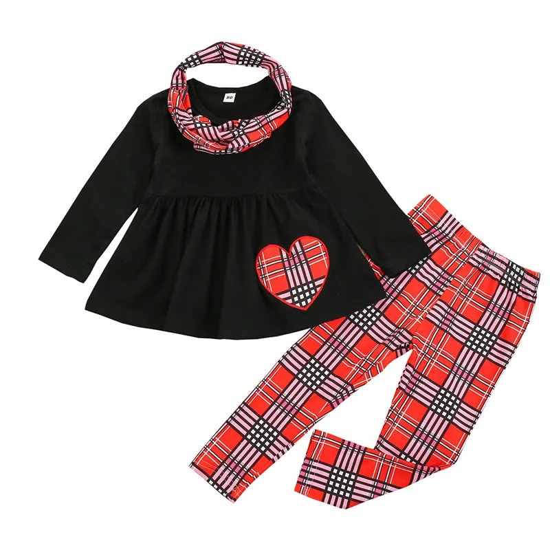 30 Pieces) Wholesale Girls Long-sleeves Heart Pattern Tops And Plaid Pants With Headband