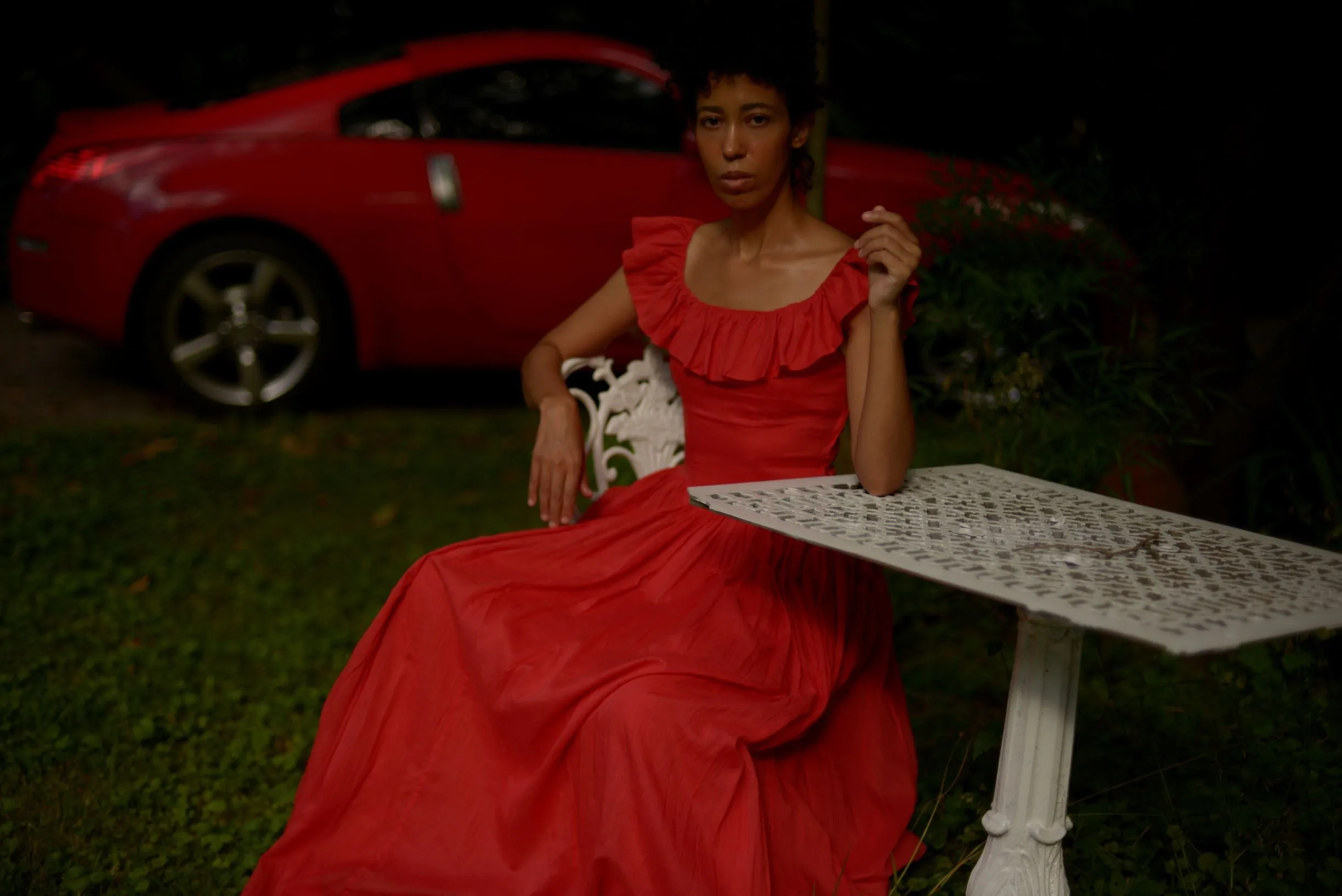 30s/40s cotton voile hand dyed coral red ruffle collar gown, small