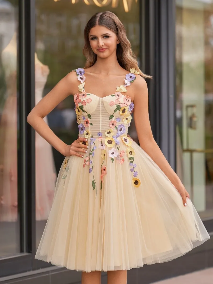 3D Flower Tulle Tea Length Prom Dresses