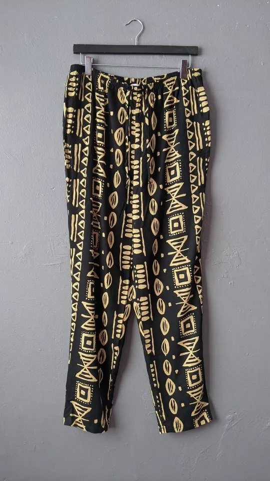 80s Tapered Summer Trousers with Pockets, Loose Fit Tribal Print, Plus Size UK 18