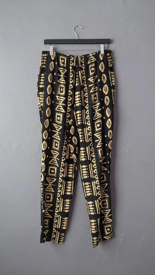 80s Tapered Summer Trousers with Pockets, Loose Fit Tribal Print, Plus Size UK 18