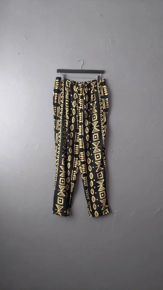 80s Tapered Summer Trousers with Pockets, Loose Fit Tribal Print, Plus Size UK 18