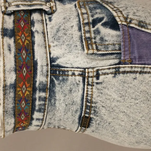 80's Vintage Acid Wash Denim Midi Skirt Sexy Cut Patches Native Trim Jean Style