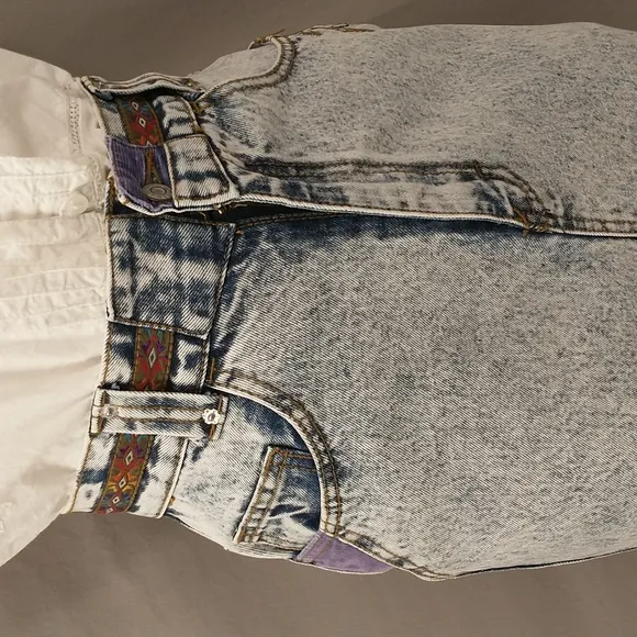 80's Vintage Acid Wash Denim Midi Skirt Sexy Cut Patches Native Trim Jean Style