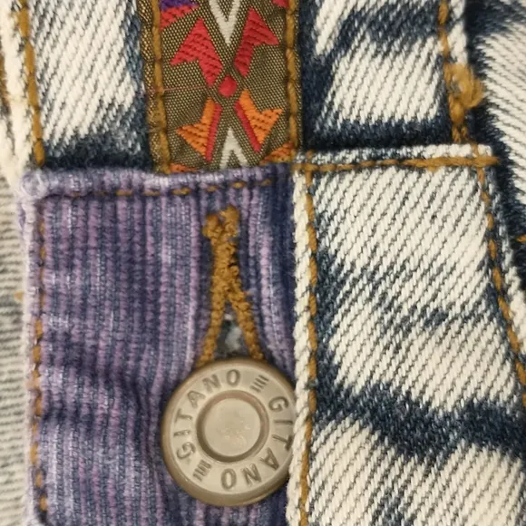 80's Vintage Acid Wash Denim Midi Skirt Sexy Cut Patches Native Trim Jean Style