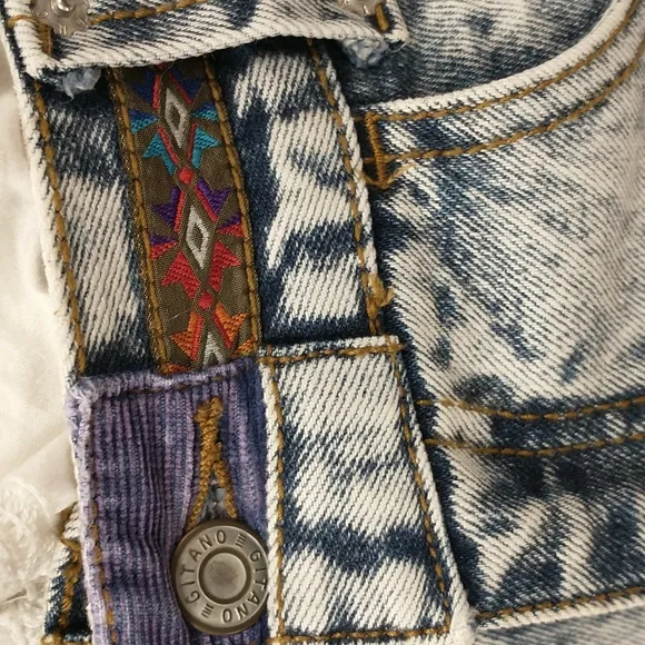 80's Vintage Acid Wash Denim Midi Skirt Sexy Cut Patches Native Trim Jean Style