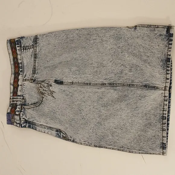 80's Vintage Acid Wash Denim Midi Skirt Sexy Cut Patches Native Trim Jean Style