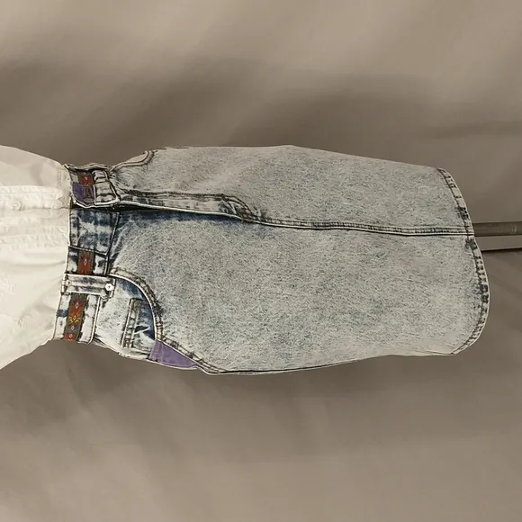 80's Vintage Acid Wash Denim Midi Skirt Sexy Cut Patches Native Trim Jean Style