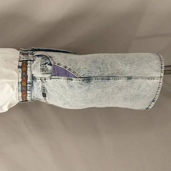 80's Vintage Acid Wash Denim Midi Skirt Sexy Cut Patches Native Trim Jean Style