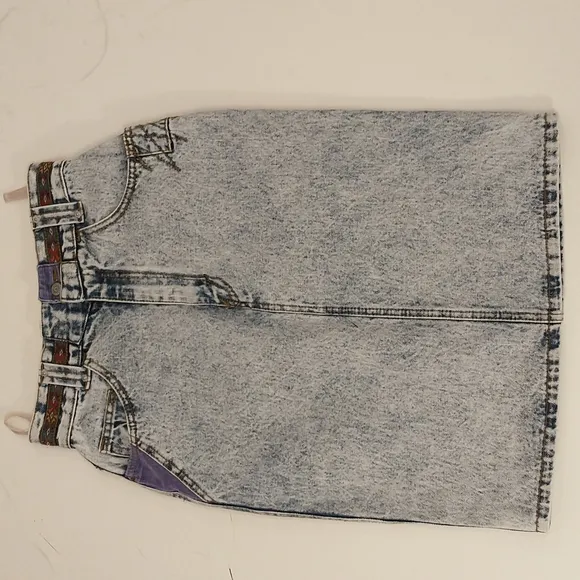 80's Vintage Acid Wash Denim Midi Skirt Sexy Cut Patches Native Trim Jean Style