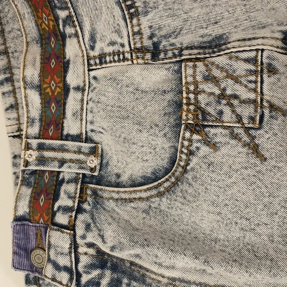 80's Vintage Acid Wash Denim Midi Skirt Sexy Cut Patches Native Trim Jean Style