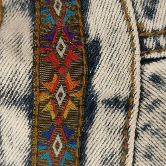 80's Vintage Acid Wash Denim Midi Skirt Sexy Cut Patches Native Trim Jean Style