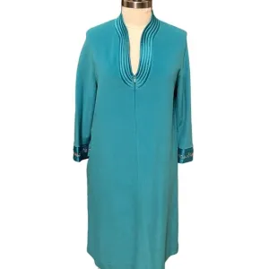 80s Vintage JCPenney Green Fleece Zip Front Midi Robe with Sculpted Neckline M