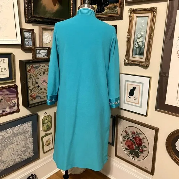 80s Vintage JCPenney Green Fleece Zip Front Midi Robe with Sculpted Neckline M
