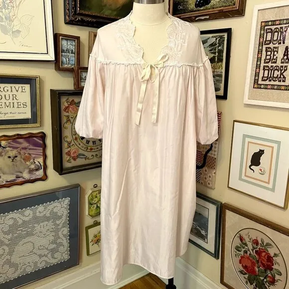 80s Vintage Miss Dior Light Pink Satin Balloon Sleeve Deep-V Midi Nightgown M