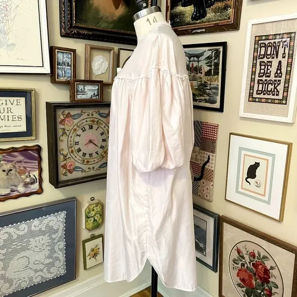 80s Vintage Miss Dior Light Pink Satin Balloon Sleeve Deep-V Midi Nightgown M