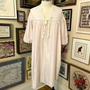 80s Vintage Miss Dior Light Pink Satin Balloon Sleeve Deep-V Midi Nightgown M