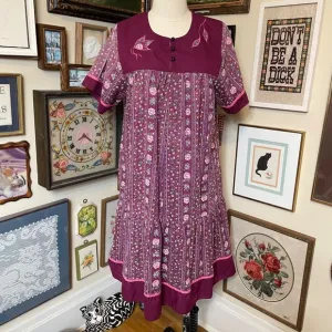 80s Vintage RM Dark Red and Pink Floral Short Sleeve Ruffle Hem Midi MuuMuu 2X