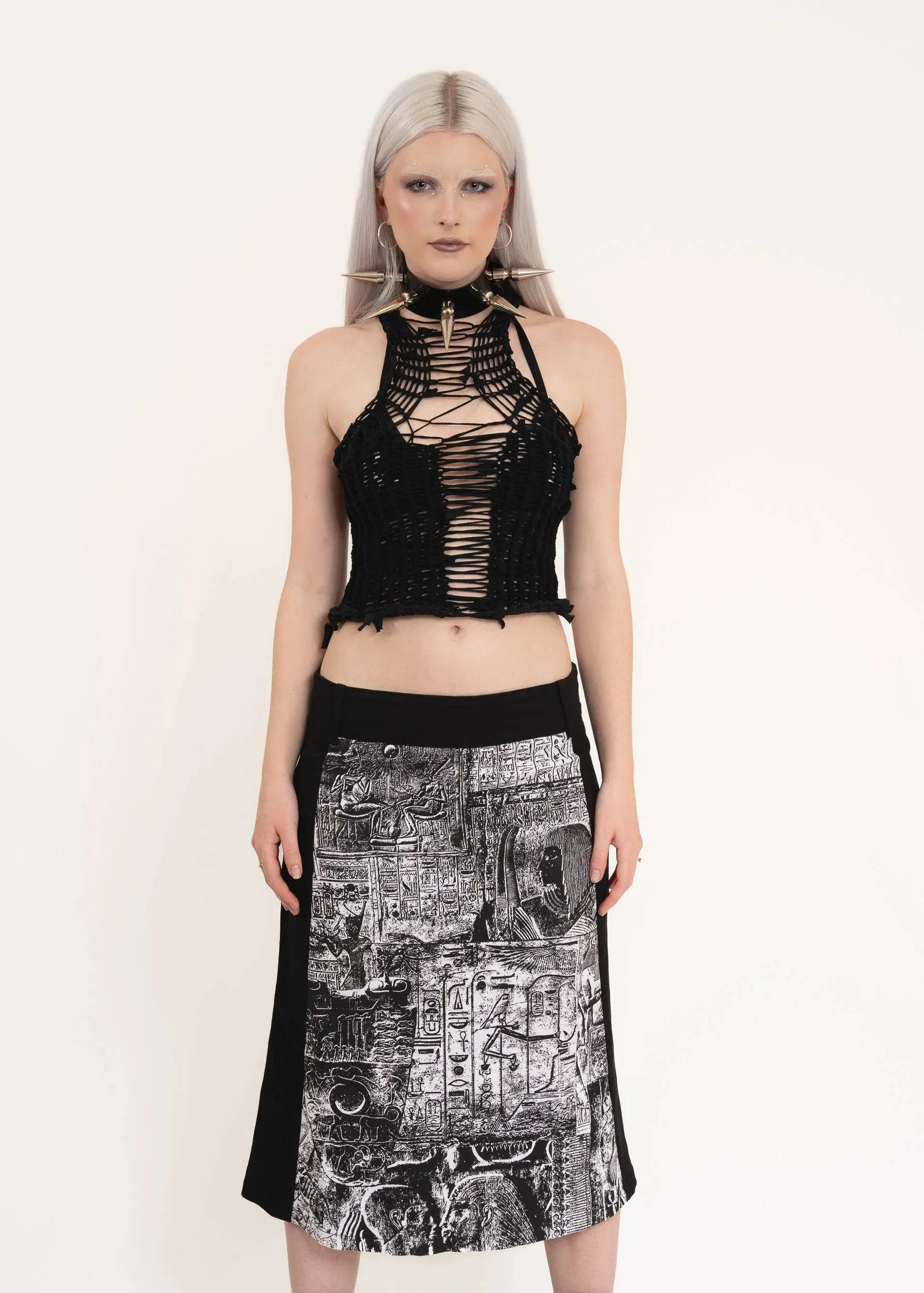 90s vintage hieroglyphic print midi skirt