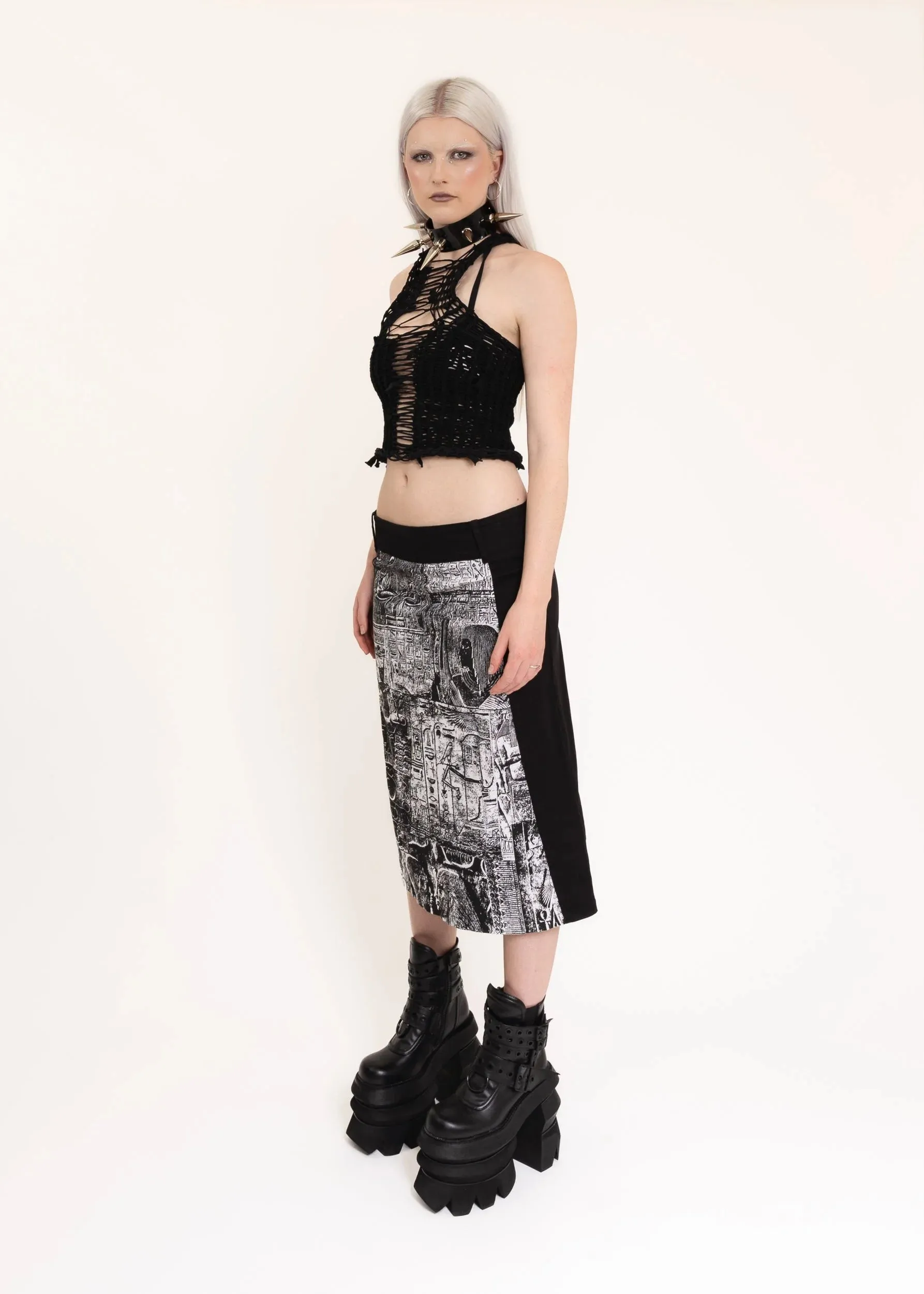 90s vintage hieroglyphic print midi skirt