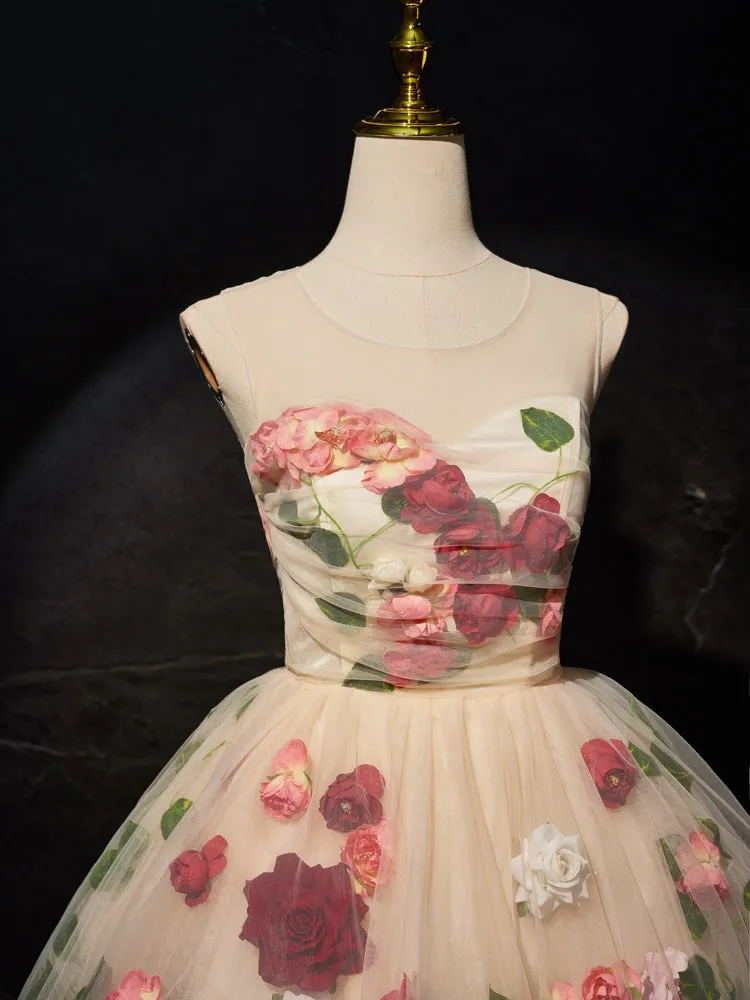 A Line Floral Sleeveless Short Homecoming Dresses
