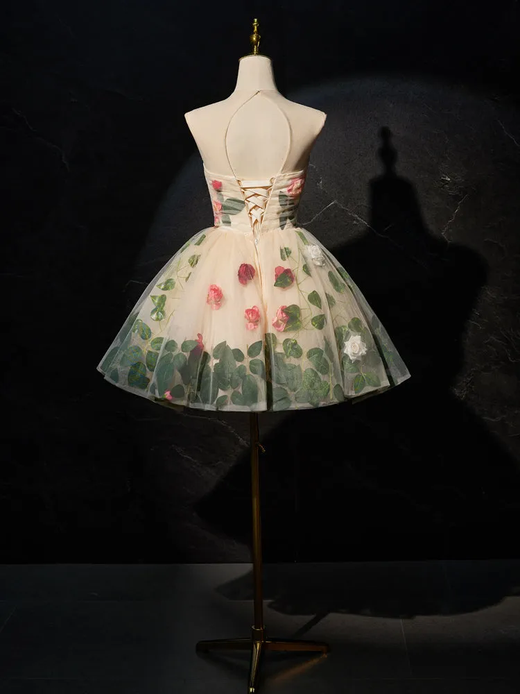 A Line Floral Sleeveless Short Homecoming Dresses