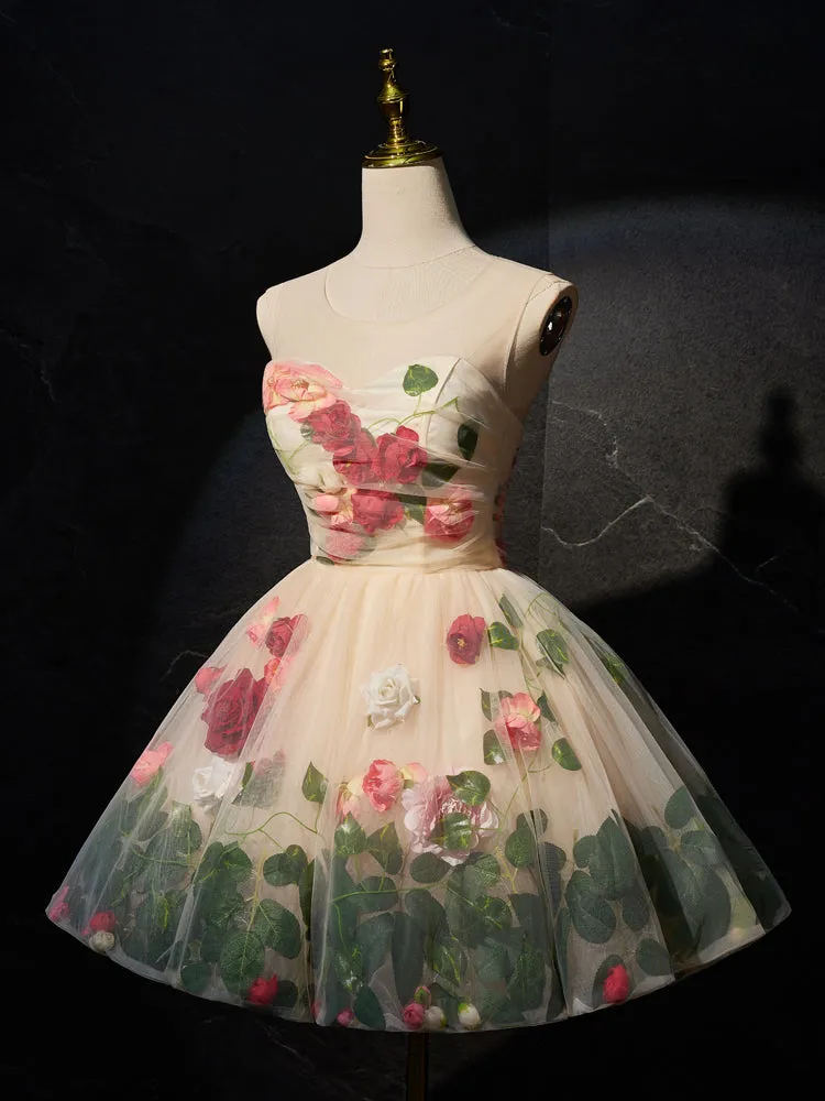 A Line Floral Sleeveless Short Homecoming Dresses