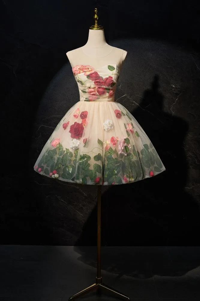 A Line Floral Sleeveless Short Homecoming Dresses