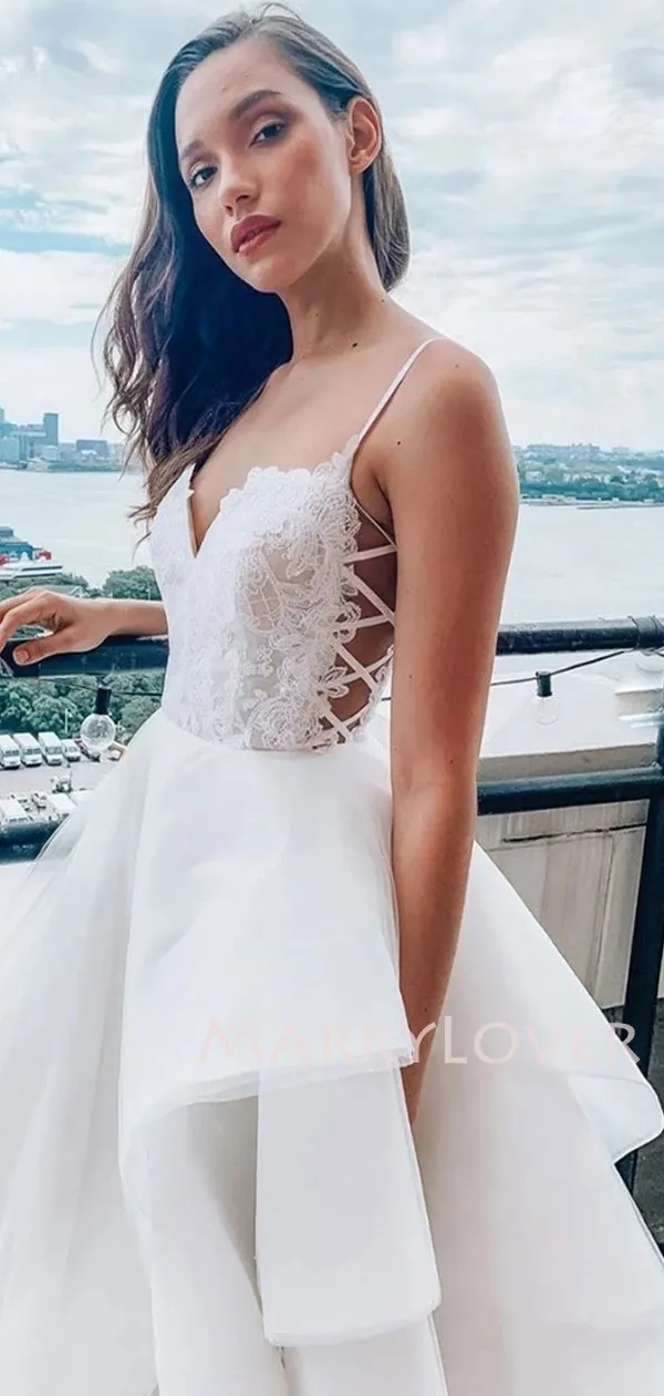 A-Line Long White Lace Evening Prom Dresses, Cheap Custom Wedding Dresses, MR7097