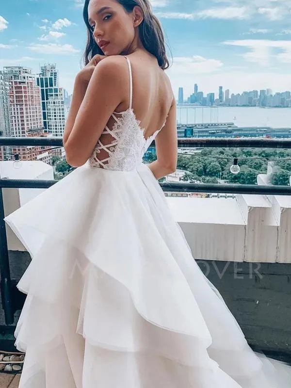 A-Line Long White Lace Evening Prom Dresses, Cheap Custom Wedding Dresses, MR7097