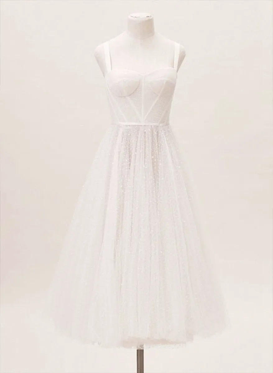 A-line Sweetheart Sleeveless Tulle Tea-Length Wedding Dresses with Pleated
