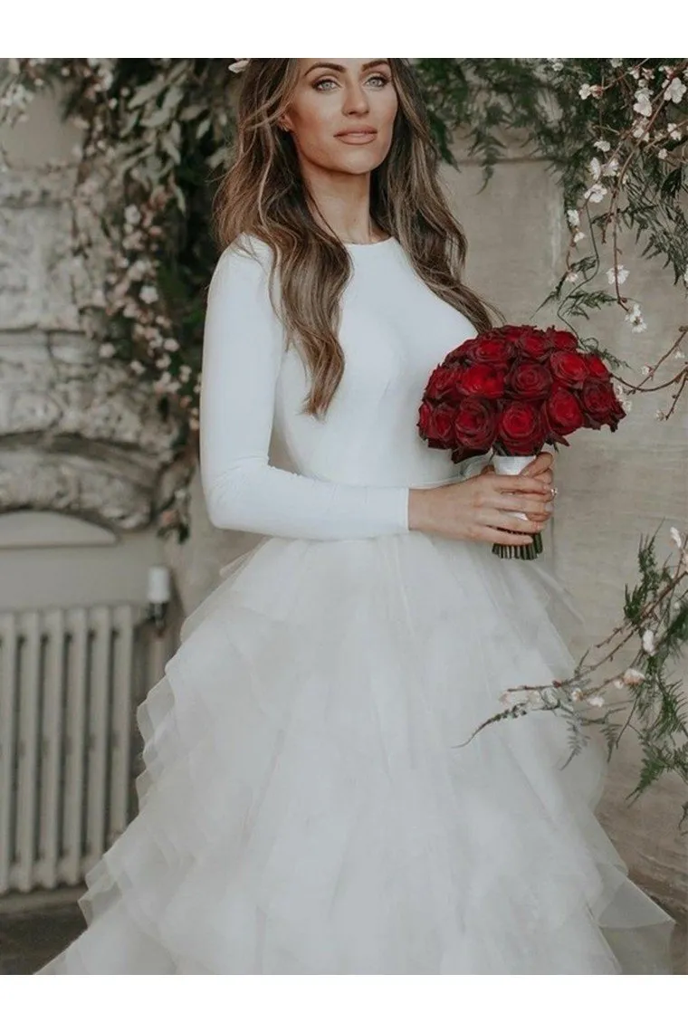 A-Line Tulle Ruffles Bateau Long Sleeves Court Train Wedding Dresses