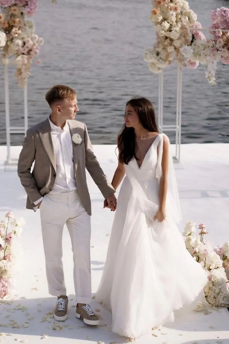A-line Tulle Summer Bridal Dresses with Ribbons