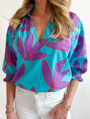 Abstract Leaf Puff Sleeve Top