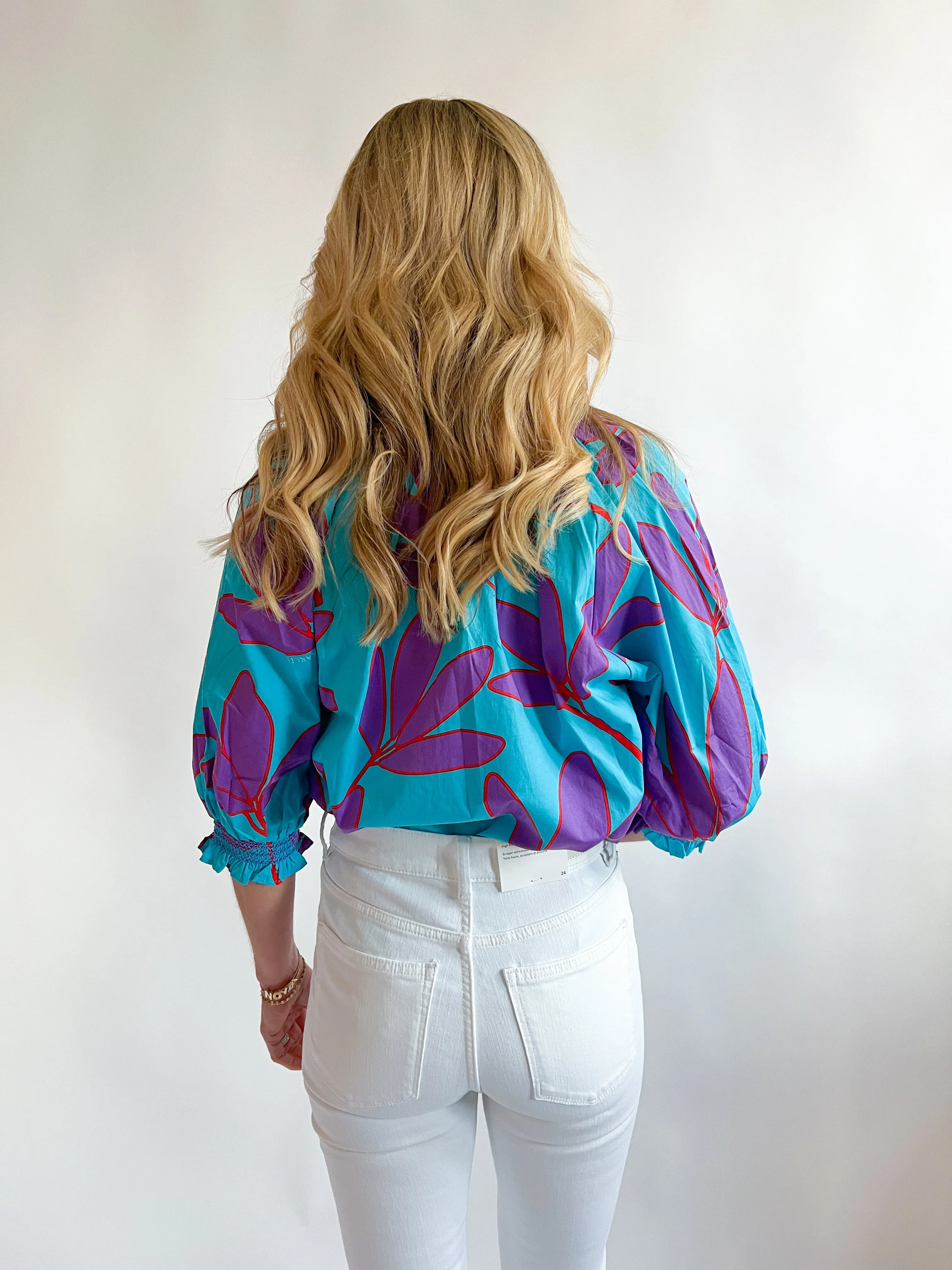 Abstract Leaf Puff Sleeve Top