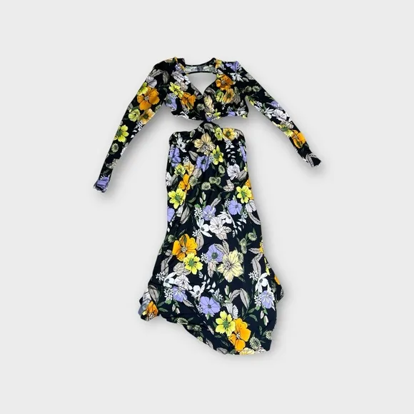 AFRM Assi Deep V Neck Side CutOut Midi Knit DressNoir Vintage Floral