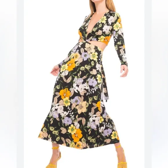 AFRM Assi Deep V Neck Side CutOut Midi Knit DressNoir Vintage Floral