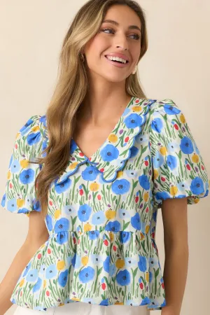 Afternoon Bliss Cotton Blue Floral Puff Sleeve Blouse